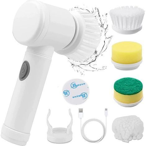 Brosse de Nettoyage Électrique Rechargeable, Étanche Épurateur de Rotation sans Fils avec 4 Têtes de Brosse Remplaçables pour Cuisine, Baignoire, évier, Coin, Fenêtre, Toilettes, Roues (1/5)