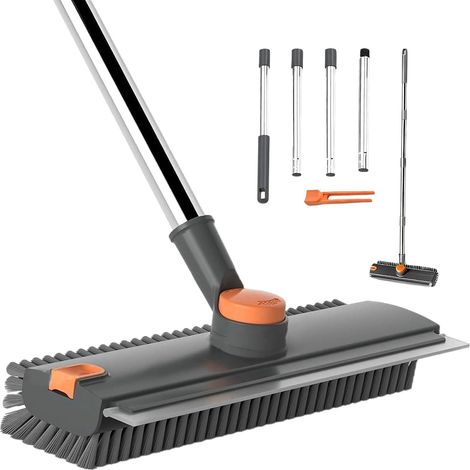 Balai Brosse Sol, 3 en 1 Nettoyer Sol Brosse à Récurer avec Raclette, Gris intérieur ou à l'extérieur, Ramasse Poils Animaux pour Carrelage, Murs, Terrasses, Vérandas et Zones de Douche (1/5)