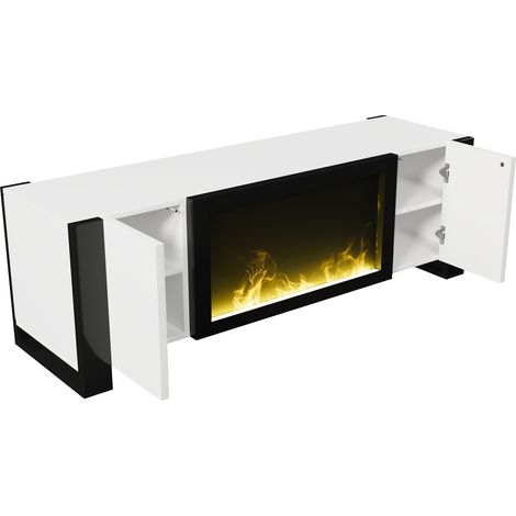 TV-Lowboard mit elektrischem Kamin, Flammeneffekt, weiß/schwarz, glänzend, 165 cm (1/5)