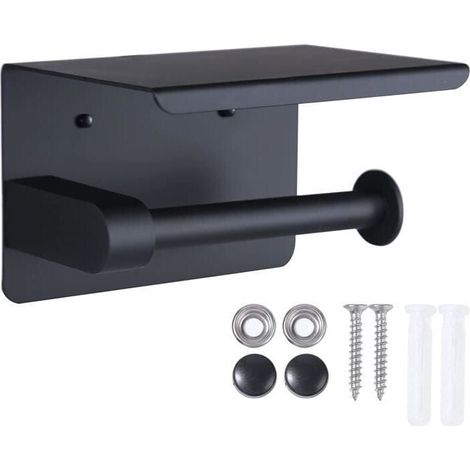 Toilet Paper Holder, Wall Mounted Toilet Paper Holder, with Cell Phone Storage Rack (Black) (1/3)
