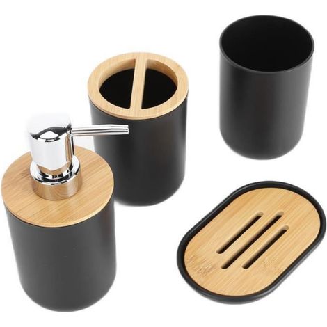 Ensemble de salle de bain 4 pièces ensemble d'accessoires de salle de bain bambou étanche cadeau durable brosse à dents (1/4)