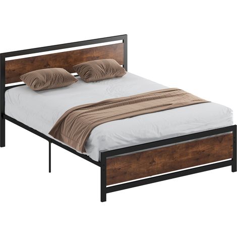 Doppelbettgestell 160×200 cm aus Stahl mit Lattenrost und Kopfteil, modernes und stabiles Doppelbett, geeignet für Matratzen, zeitgemäßes Design fürs Schlafzimmer, dunkles Holz