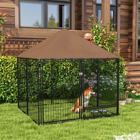 Parc pour chien en métal et tissu Oxford avec porte pour gamelle. 141 x 141 x 151 cm. Noir et marron.