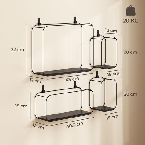 Lot de 4 étagères flottantes géométriques noires pour salon, idéales pour exposer déco, plantes et cadres avec un style moderne et mural original. (1/5)