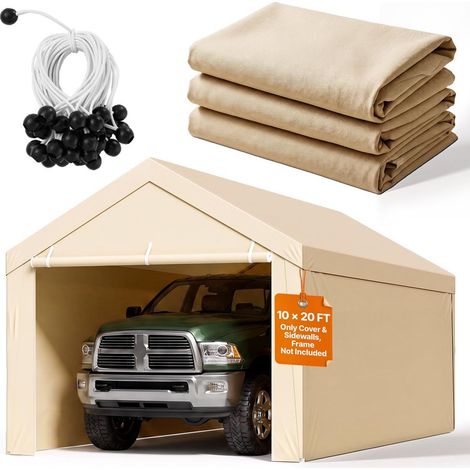 Pour abri voiture 6 x 3 m, bâche toit carport pour garage portable, imperméable beige avec côtés et sandows (1/5)