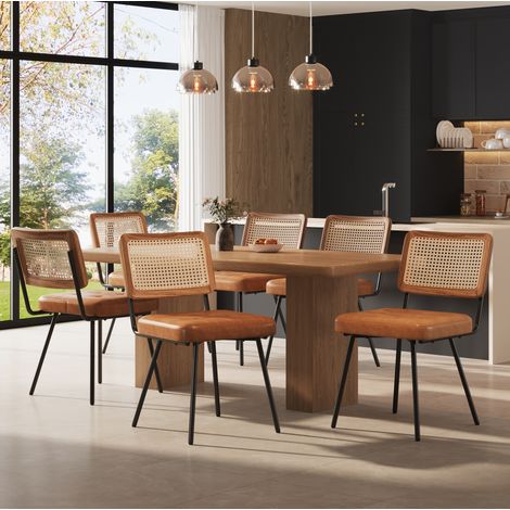 6er-Set braune PU-Esstischstühle, Rattanlehne (1/5)
