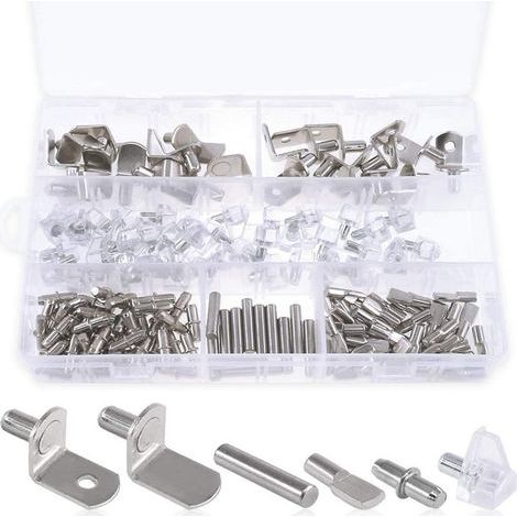 Kit de 160 broches d'étagère 6 styles en nickel - Piquets d'étagère en PVC - Piquets plats - Supports cylindriques en forme de L et chevilles pour armoires (1/4)