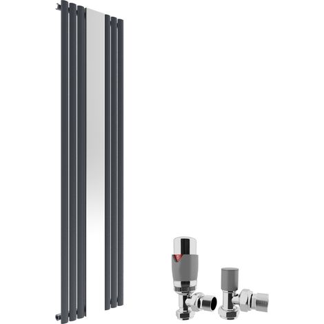 ELEGANT 1800 x 500 mm Vertical Mirror Radiator Designer Oval Column Panel Central Heating Radiators (Anthracite) + Chrome Thermostatic Radiator Valves (1/5)