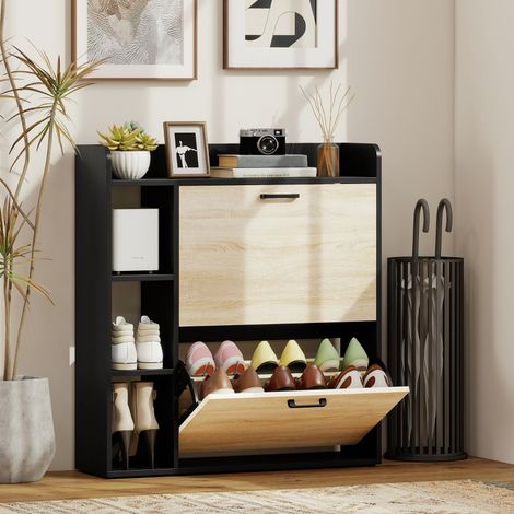 Meuble à chaussures 15 paires, armoire à chaussures moderne avec 2 tiroirs rabattables, 83x24x90,5cm, effet bois naturel (1/5)