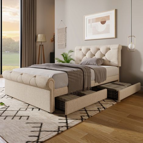 FLORAGRACE Lit simple rembourré 90x200 cm en bois beige avec 2 tiroirs, tête de lit réglable (1/5)