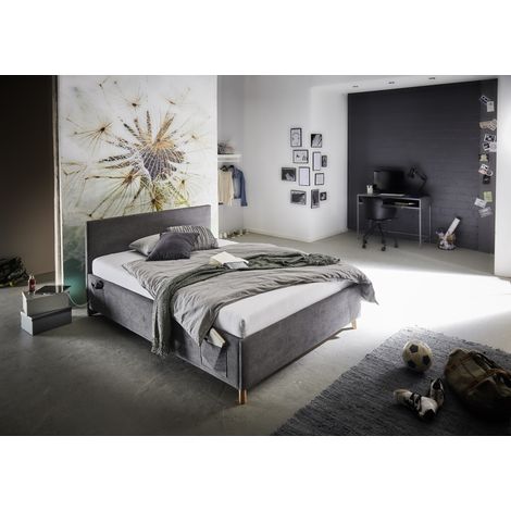 Meise Möbel Kinderbett Cool 140x200 cm Bettgestell Kopfteil glatt Cordstoff Anthrazit Holzfuß eichefarbig (1/5)