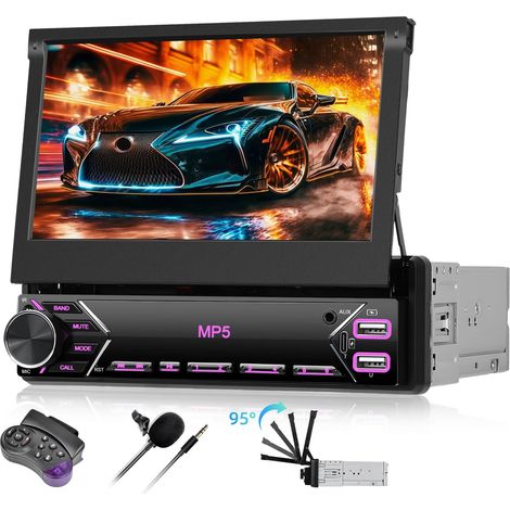 7 Pouces Écran Manuel Rétractable IPS HD 1 DIN Autoradio - Compatible Lien Miroir, Bluetooth Mains Libres, FM Radio, Contrôle au Volant, USB Type-C - pour Véhicules Standard 1 DIN (1/5)