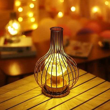 DEESSE SHOP - Lampe de table en cage en métal alimentée par batterie avec guirlande lumineuse LED étoile de fée pour chambre à coucher, maison, fête de mariage, intérieur (forme de bouteille de vin) (1/5)