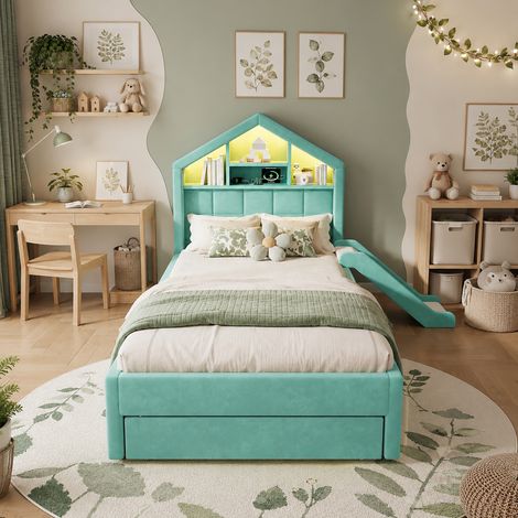 Lit enfant cabane 90x200cm - Glissoire LED USB rangement coffre - Velours - Bleu/Vert (1/5)