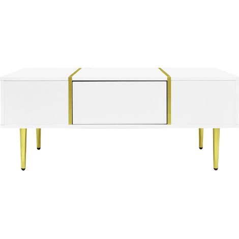 Mesa de centro blanca brillante con 2 cajones, MDF y detalles en dorado (1/5)