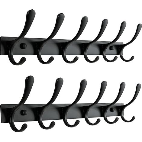 Lot de 2 porte-manteaux muraux – 6 crochets, très résistants, en acier inoxydable, crochets muraux robustes pour suspendre manteau, veste, vêtements, chapeau, noir (1/5)