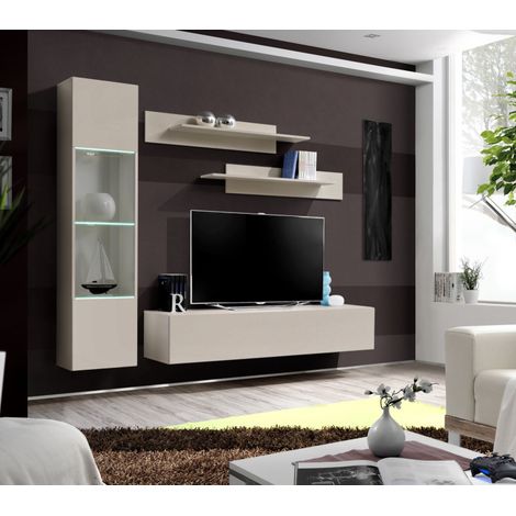 Ensemble meuble TV mural Fly G3 avec vitrine et éclairage LED - Bois MDF cachemire - 200 x 170 x 40 cm - Livraison gratuite