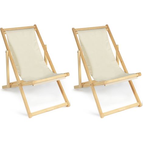 Idmarket – Lot de 2 chaises longues pliantes chilienne en pin – Toile polyester 300g/m² – 3 positions réglables – Design moderne écru