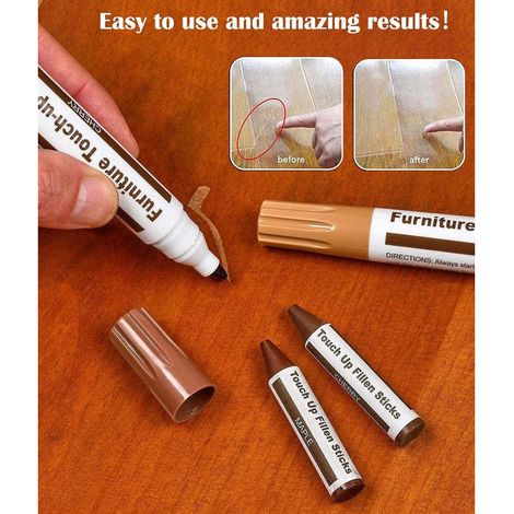 Kit de 21 stylos de retouche pour meubles - pour Renover le Bois - 10 marqueurs feutrés et 10 bâtons de cire - Réparation égratignures bois dur et teck (1/4)