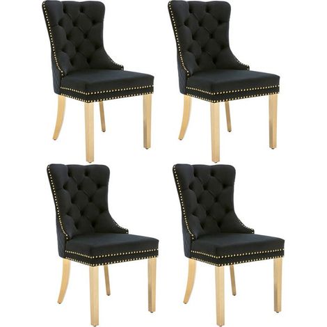 Lot de 4 chaises salle à manger velours noir – Pieds acier inoxydable doré, 51×65,5×95 cm