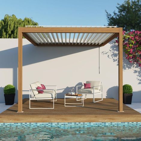 Pergola Bioclimatique Aluminium Adossée Aspect Bois 3x3 Manuelle S ORIAL France