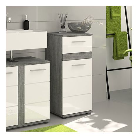 Meuble de rangement 1 porte 1 tiroir gris et blanc brillant - TWYNI (1/5)