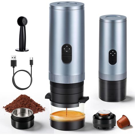 Machine à expresso électrique, mini machine à café portable compatible avec capsules de café et café moulu, chauffage instantané, idéale pour le camping et les voyages en voiture, couleur Argent (1/5)