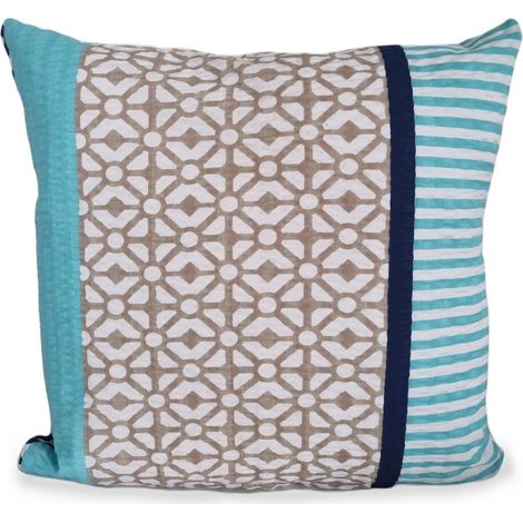taie d'oreiller 40x40 cm à rayures verticales turquoise, beige et gris, motif losanges