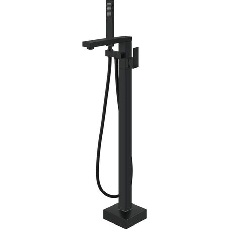 Freestanding Bathtub Faucet, Floor Standing Bathtub Mixer Tap, Brass Freestanding Bathtub Mixer Tap with Hand Shower, Right Angle Swivel Spout, Matte Black (1/5)