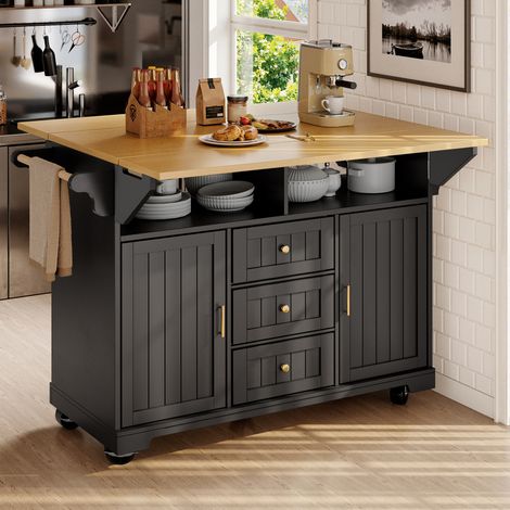 Kücheninsel, Schrank, Buffetschrank 120 x 40 (80) x 95 cm, ausziehbarer Küchenwagen mit Rollen, beidseitig ausziehbar, mit Handtuchhalter und Gewürzregal, zwei Türen, drei Schubladen, schwarz/weiß (1/5)