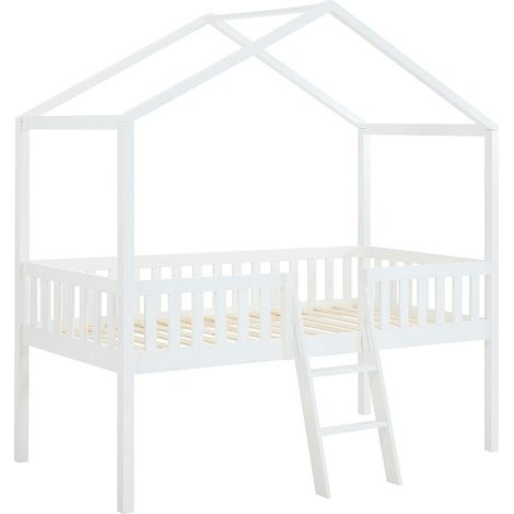 Letto casetta mezza altezza 90 x 190 cm - Pino - Bianco - NALENY