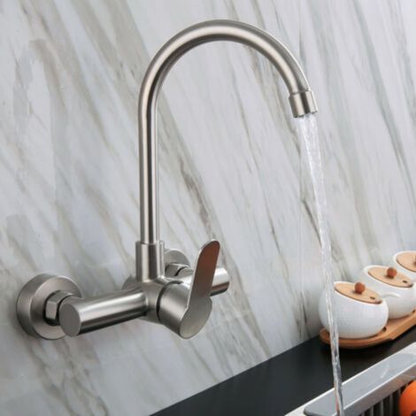 Robinet de cuisine mural en acier inoxydable 304, vadrouille, évier de piscine, balcon, buanderie, robinet rotatif chaud et froid, argent- (1/3)