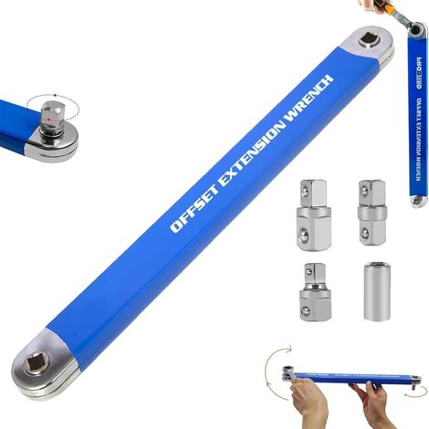 Clé D'Extension Coudée Offset, Cle Plate A Cliquet, Cle A Cliquet, 15,4 Pouces Rallonge Cliquets, Transmission Par Chaîne 1:1, Angle De Rotation De 0°, Avec Adaptateurs 1/4", 3/8" Et 1/2" (1) (1/5)