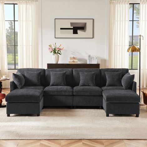 Canapé modulaire convertible en U et L,avec 2 tabourets et 6 coussins,ensemble moderne en chenille,pour salon et appartement-Da