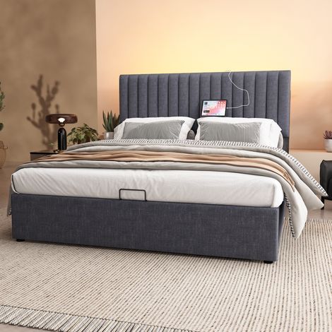 160x200cm gris lit rembourré stockage lit double led app control bed avec fonction de charge usb type c, tête de lit réglable (sans matelas) (1/5)