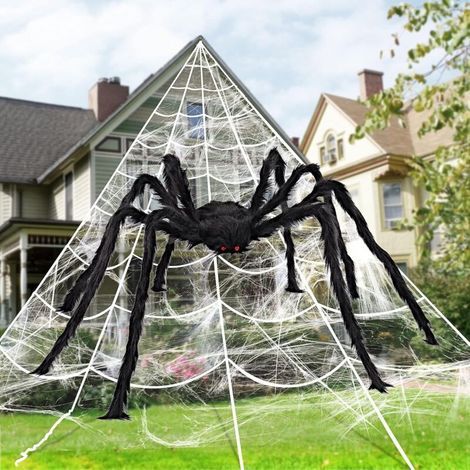 Ensemble de toiles d'araignée géantes pour Halloween comprenant une araignée de 1,5 m, une toile de 7 x 5,5 m et une toile d'araignée extensible de 100 g pour décorations d’Halloween en extérieur (1/4)