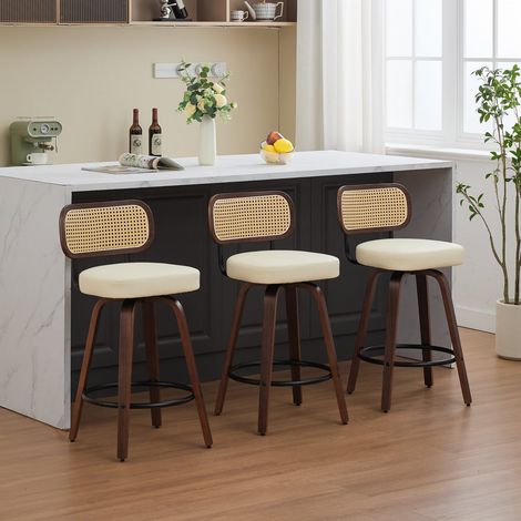 Lot de 3 tabourets de bar pivotants noyer beige dossier cannage assise rembourrée hauteur 66 cm pour cuisine (1/5)