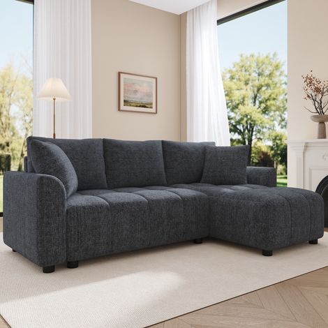 Canapé pour 3 personnes. Canapé en forme de L convertible. Tissu à motifs. Il est équipé de 2 coussins décoratifs. Idéal pour les salons et les appartements. Couleur gris. (1/5)