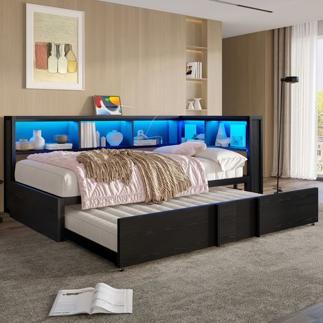 Divano letto per bambini 90×190/200 cm con letto estraibile, letto singolo, vano LED e porta USB, struttura in metallo + MDF, Nero (1/5)