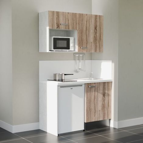 Kitchenette K07L-PT - 120 cm avec plan de travail et évier - Façade Bois - Plan Blanc - Crédences Oui