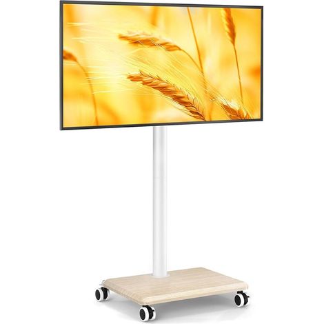 Support TV roulettes Blanc pour Téléviseurs 27-60 Pouces, Support TV sur Pied Mobile Réglable en Hauteur et Pivotant avec Base en Bois - VESA Max 400x400mm, Poids Max 40kg (Beige) (1/5)
