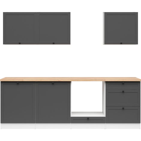 Cuisine complète 240 cm,Ensemble de meuble de cuisine coloris Blanc / Graphite, plan de travail coloris Chêne doré inclus (1/5)