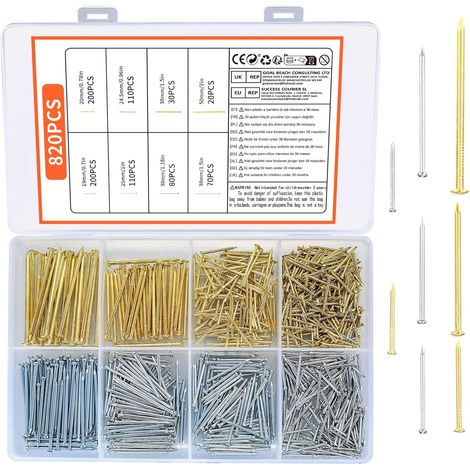 820 Pièces Assortiment de Clous, Clous à Tête Ronde, Clous Bois Matériel Fabriqué Main Accessoires de Fixation pour Meubles Décoratifs, Accrocher Tableaux, DIY - Or, Argent (1/5)