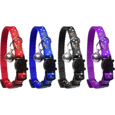 Collier pour chat étoiles et lune lot de 4 réfléchissant avec clochette. colliers solides et sûrs pour chats en nylon colliers pour chatons colliers pour animaux de compagnie (1/5)