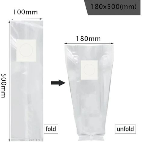 (180 x 500 x 0,06 mm, 20 pièces) Sacs de culture filtrants en polypropylène (PP) pour mycélium de champignons, épaisseur 0,06 mm, respirants et résistants aux hautes températures, pour jardinières. (1/4)