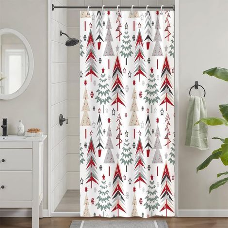 Anti-mold shower curtain, 90 x 180 cm, red, Christmas, abstract winter forest Christmas tree, waterproof fabric, with 6 hooks. (1/5)