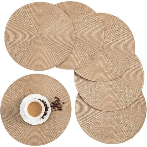 Ensemble de 6 pièces - sets de table - sous-verres - Set de table - Sous-verres - Tapis isolant thermique - Tissé - Rond - Antidérapant - Uni - Diamètre 38 cm - Marron clair (1/5)
