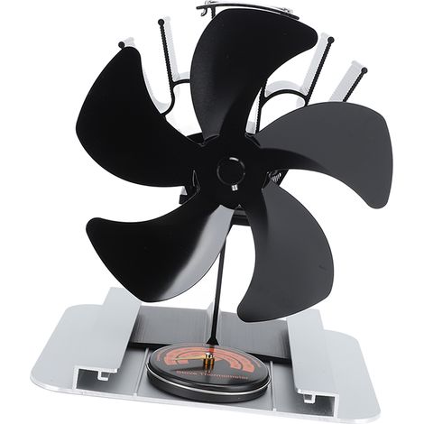 Ventilateur de poêle à bois vertical à 5 pales en alliage d'aluminium, alimenté par la chaleur, avec thermomètre intégré, pour poêle à pétrole et poêle à bois (noir). (1/5)