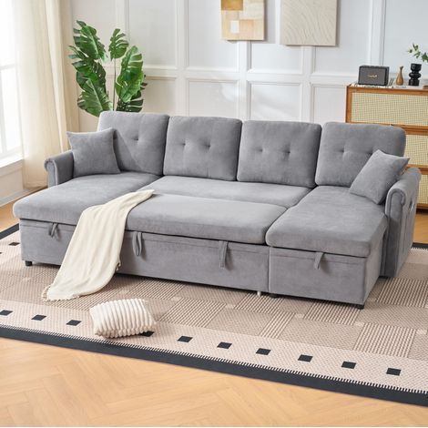 Sofá chaise longue en U convertible con arcón, 266 x 130 x 85 cm, gris HAVRYA (1/5)