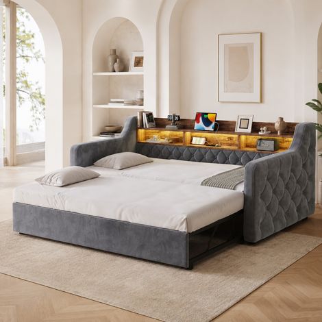 Canapé-lit 90x190 cm en velours gris foncé avec rangement, pour petit espace, sans matelas – MEUBLIV (1/5)